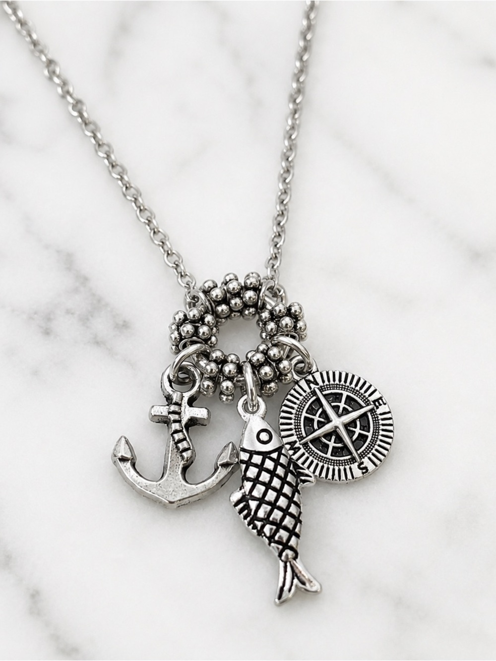 Handmade Nautical Charm Necklace with Freedom Clasp | Anchor Fish Compass Charms
